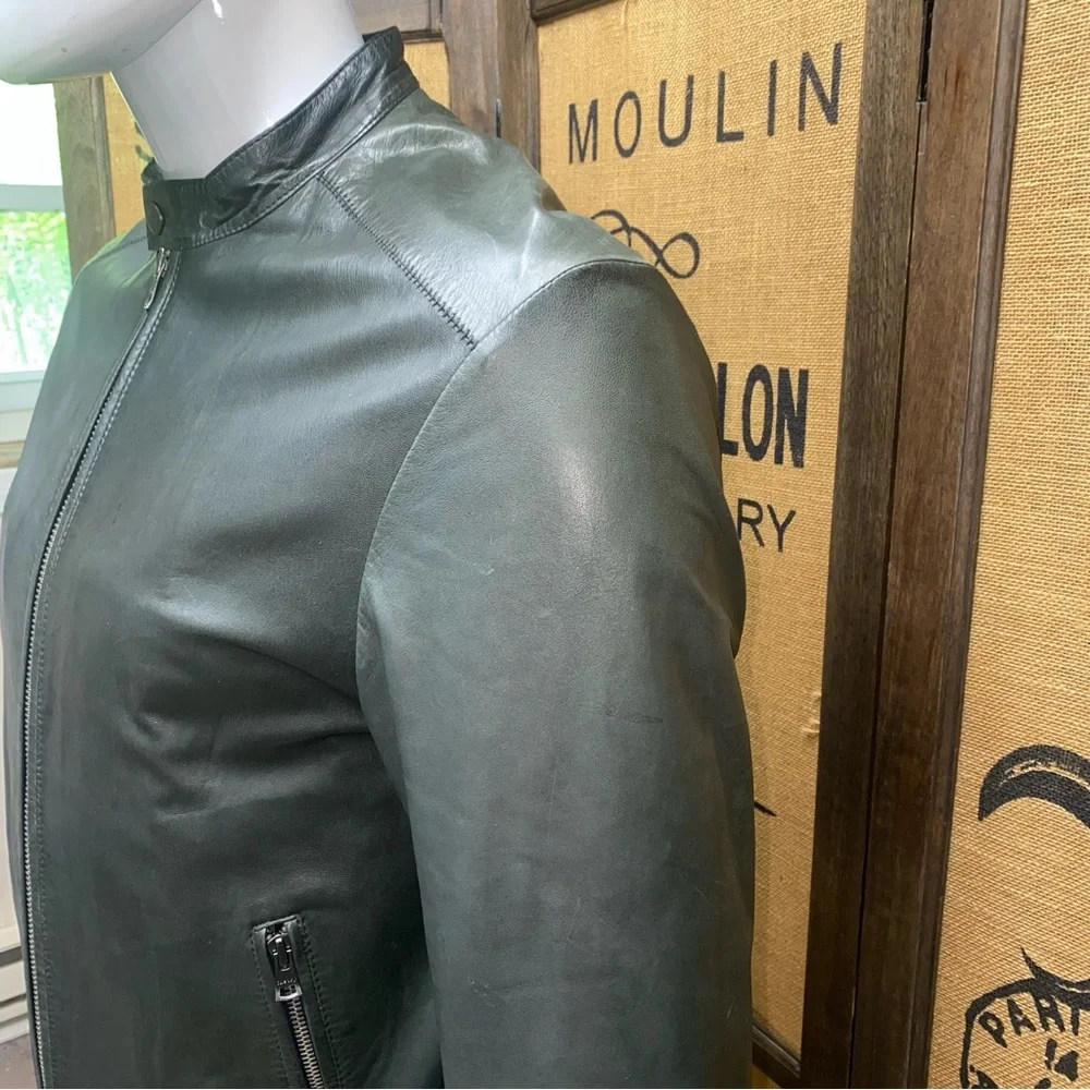 Theory Men's Dark Green Leather Zip Up Jacket, M - Picture 3 of 12